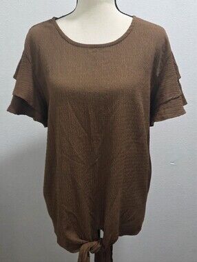 Absolutely Famous Brown Tie-Front Short Sleeve Top
